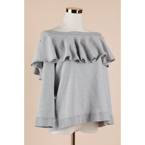 Sz L Boston Proper Grey Ruffled Off-Shoulder Terry Sweatshirt EUC - Picture 1 of 4